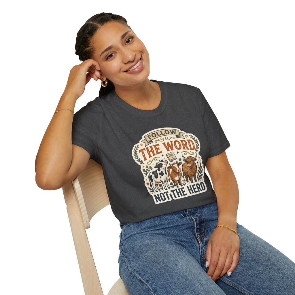 Follow the Word Not the Herd Christian Cow T-Shirt – Faith-Based Graphic Tee