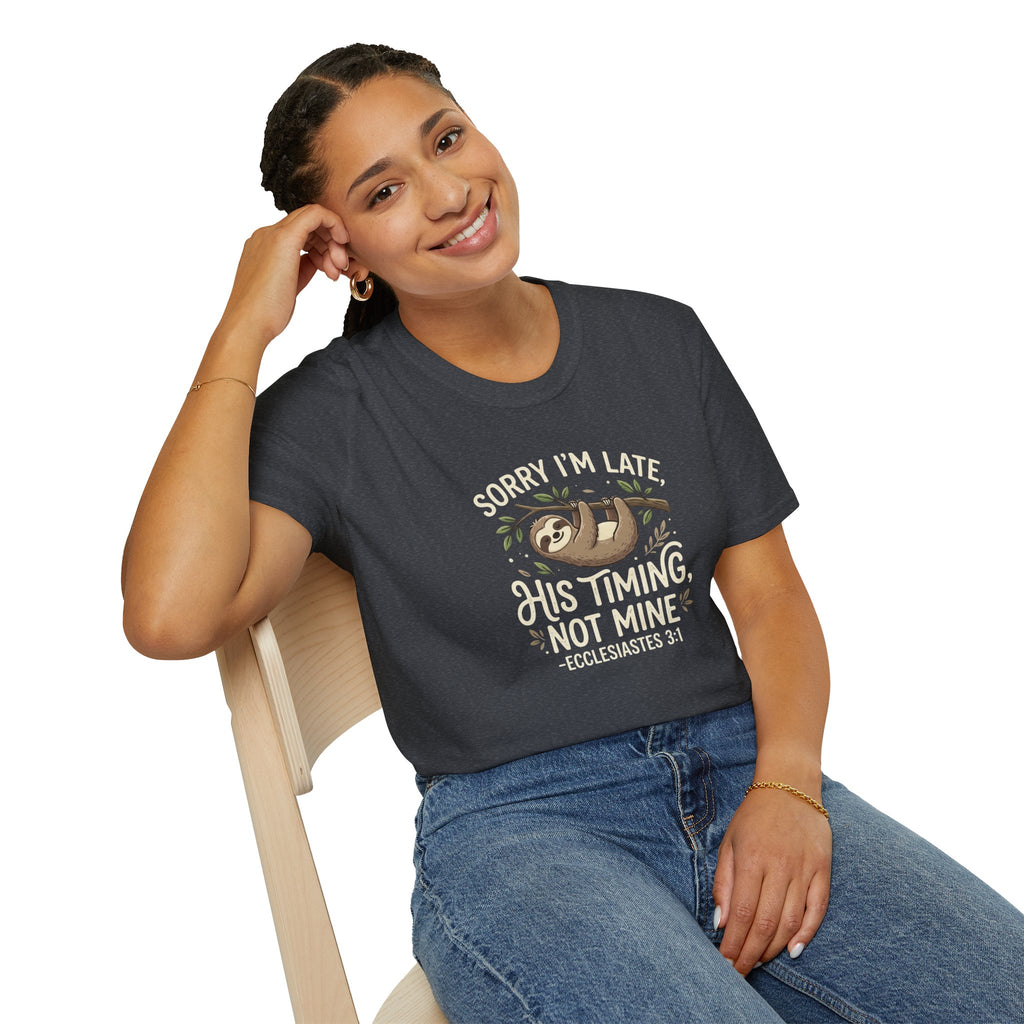 “His Timing, Not Mine” Sloth T-Shirt – Christian Faith Graphic Tee