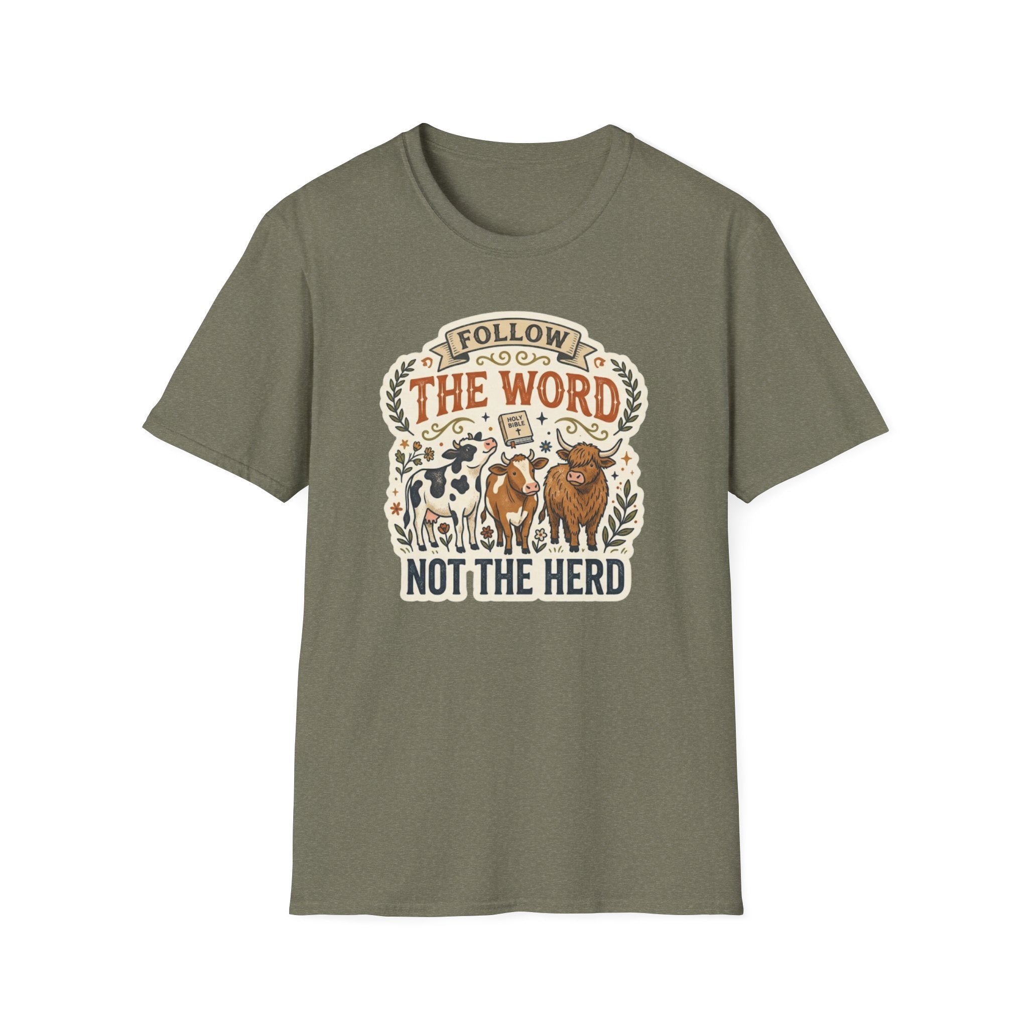 Follow the Word Not the Herd Christian Cow T-Shirt – Faith-Based Graphic Tee