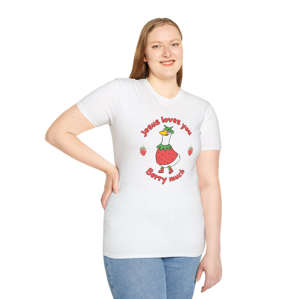 Jesus Loves You Berry Much – Silly Goose Strawberry Graphic Tee