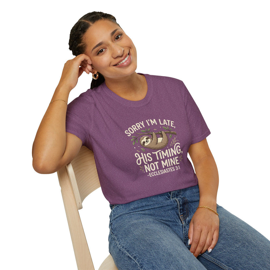 “His Timing, Not Mine” Sloth T-Shirt – Christian Faith Graphic Tee