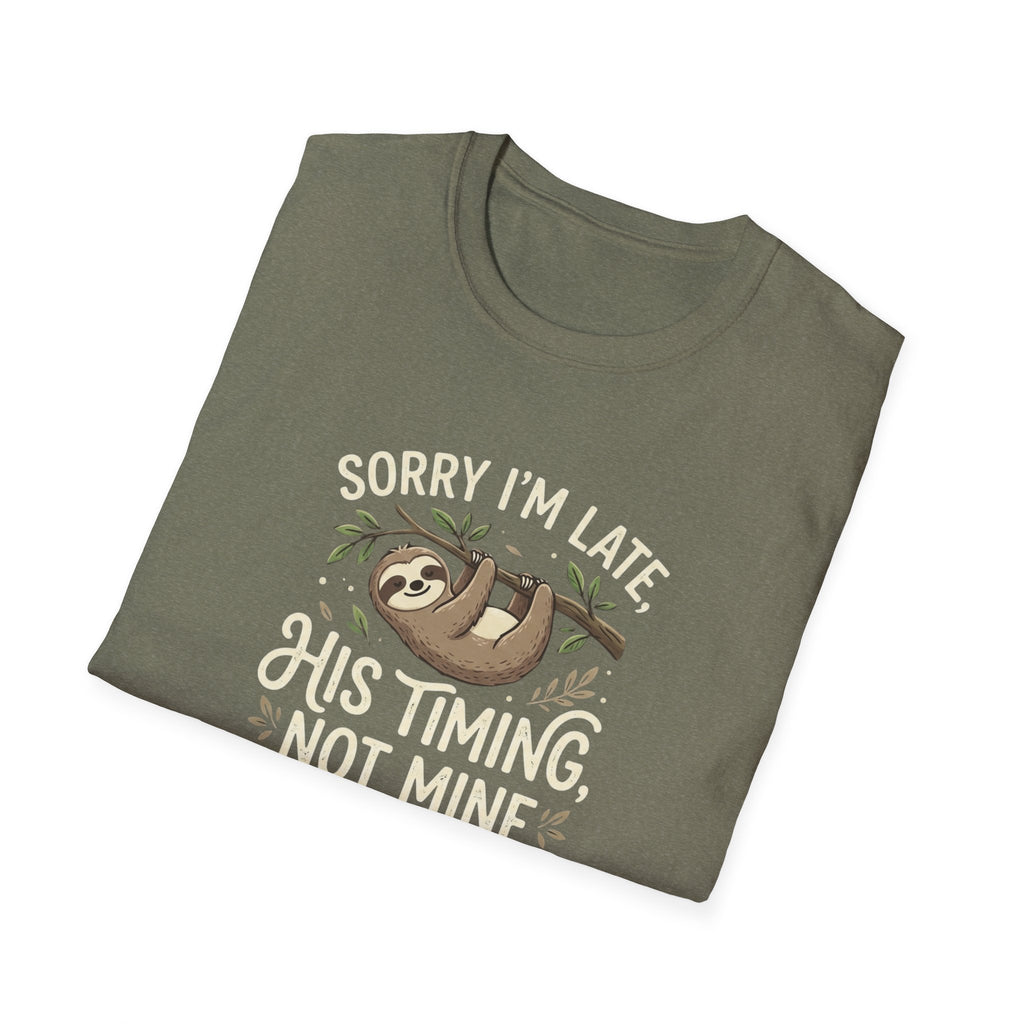 “His Timing, Not Mine” Sloth T-Shirt – Christian Faith Graphic Tee