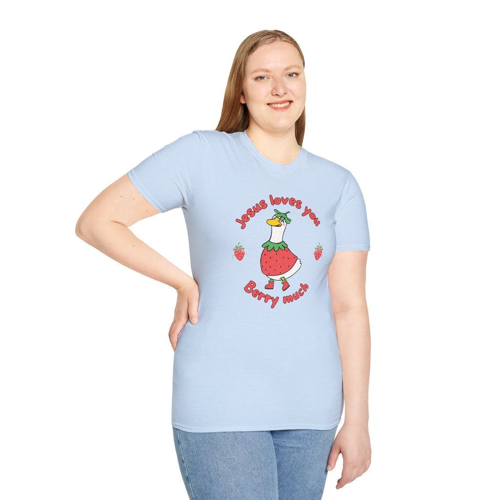 Jesus Loves You Berry Much – Silly Goose Strawberry Graphic Tee