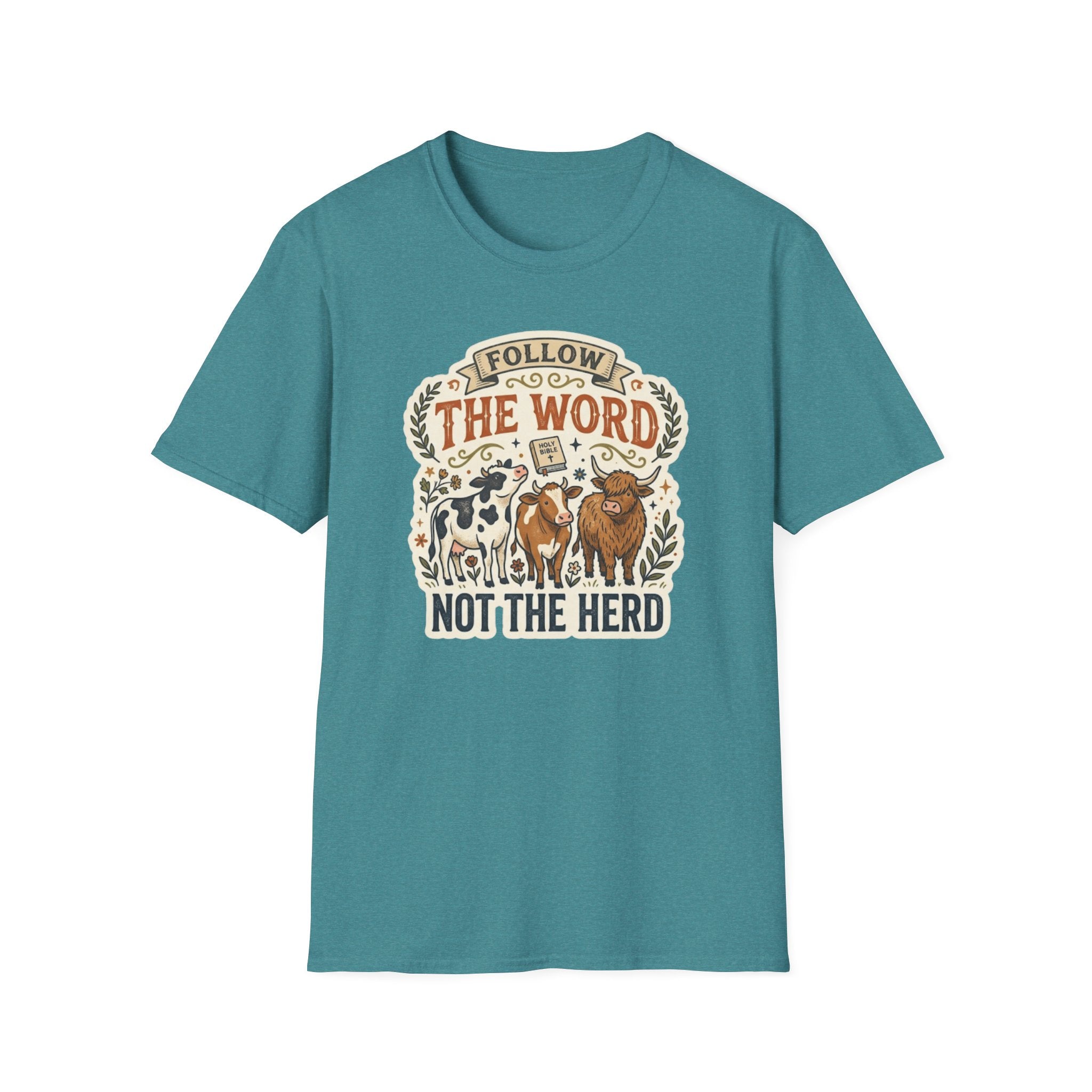 Follow the Word Not the Herd Christian Cow T-Shirt – Faith-Based Graphic Tee