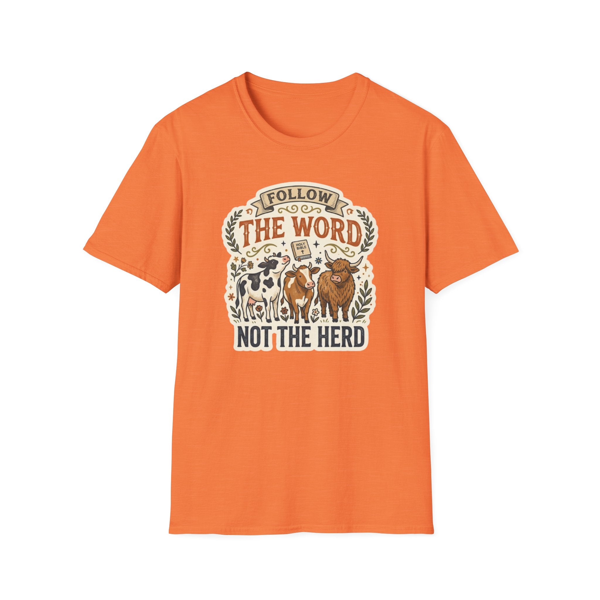 Follow the Word Not the Herd Christian Cow T-Shirt – Faith-Based Graphic Tee