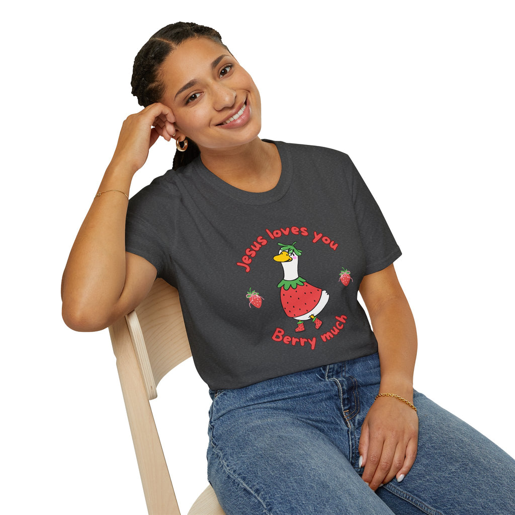 Jesus Loves You Berry Much – Silly Goose Strawberry Graphic Tee