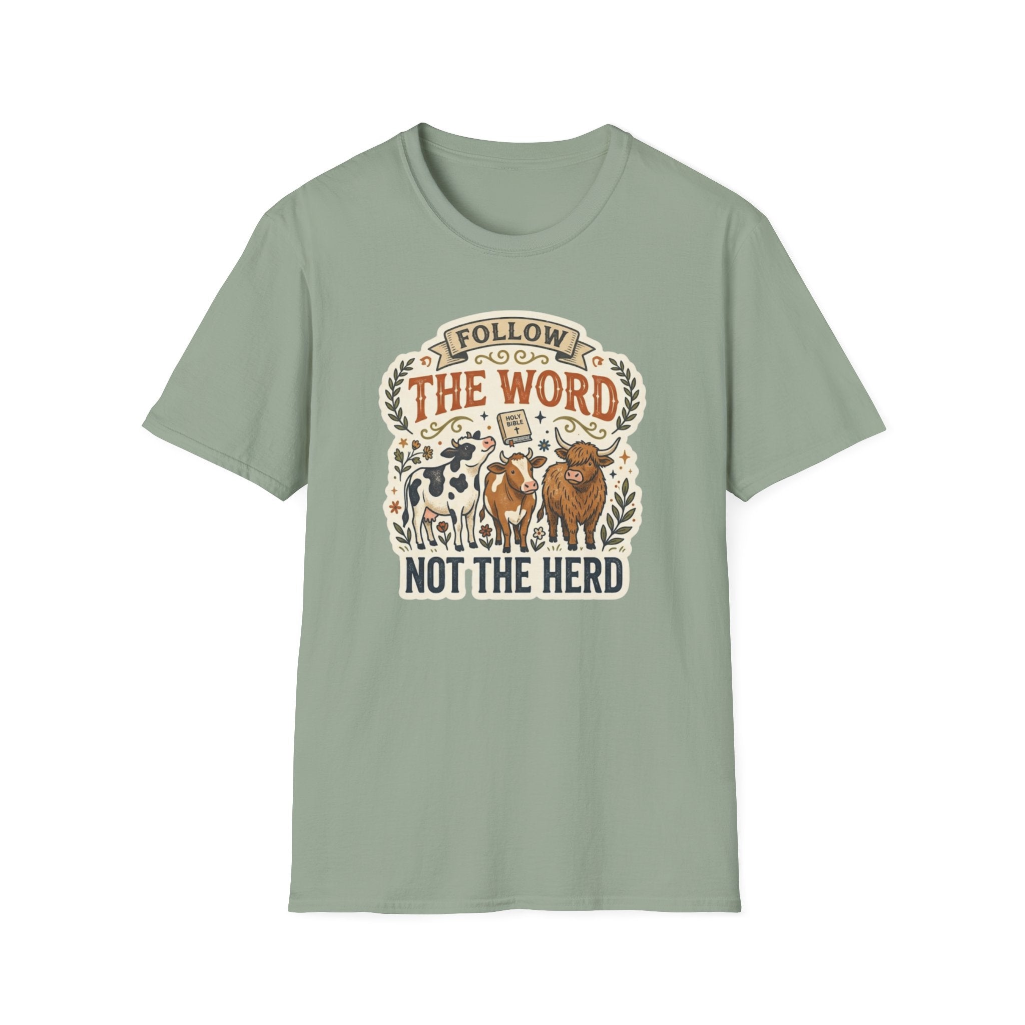 Follow the Word Not the Herd Christian Cow T-Shirt – Faith-Based Graphic Tee