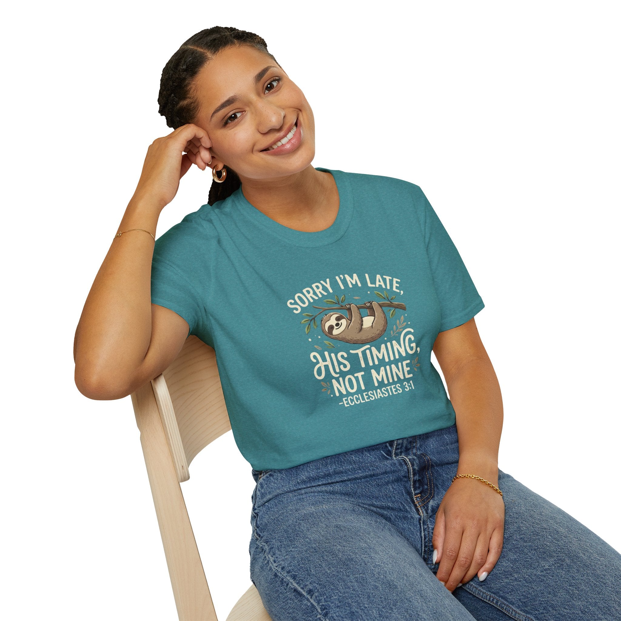 “His Timing, Not Mine” Sloth T-Shirt – Christian Faith Graphic Tee
