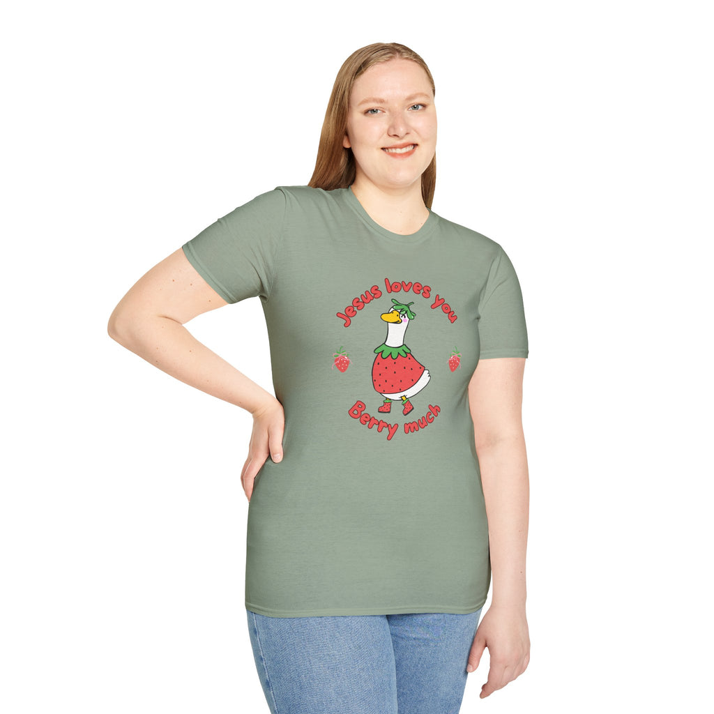 Jesus Loves You Berry Much – Silly Goose Strawberry Graphic Tee