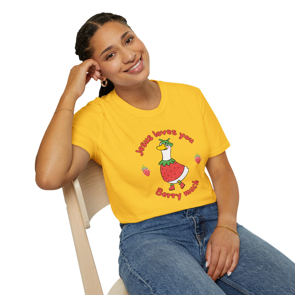 Jesus Loves You Berry Much – Silly Goose Strawberry Graphic Tee