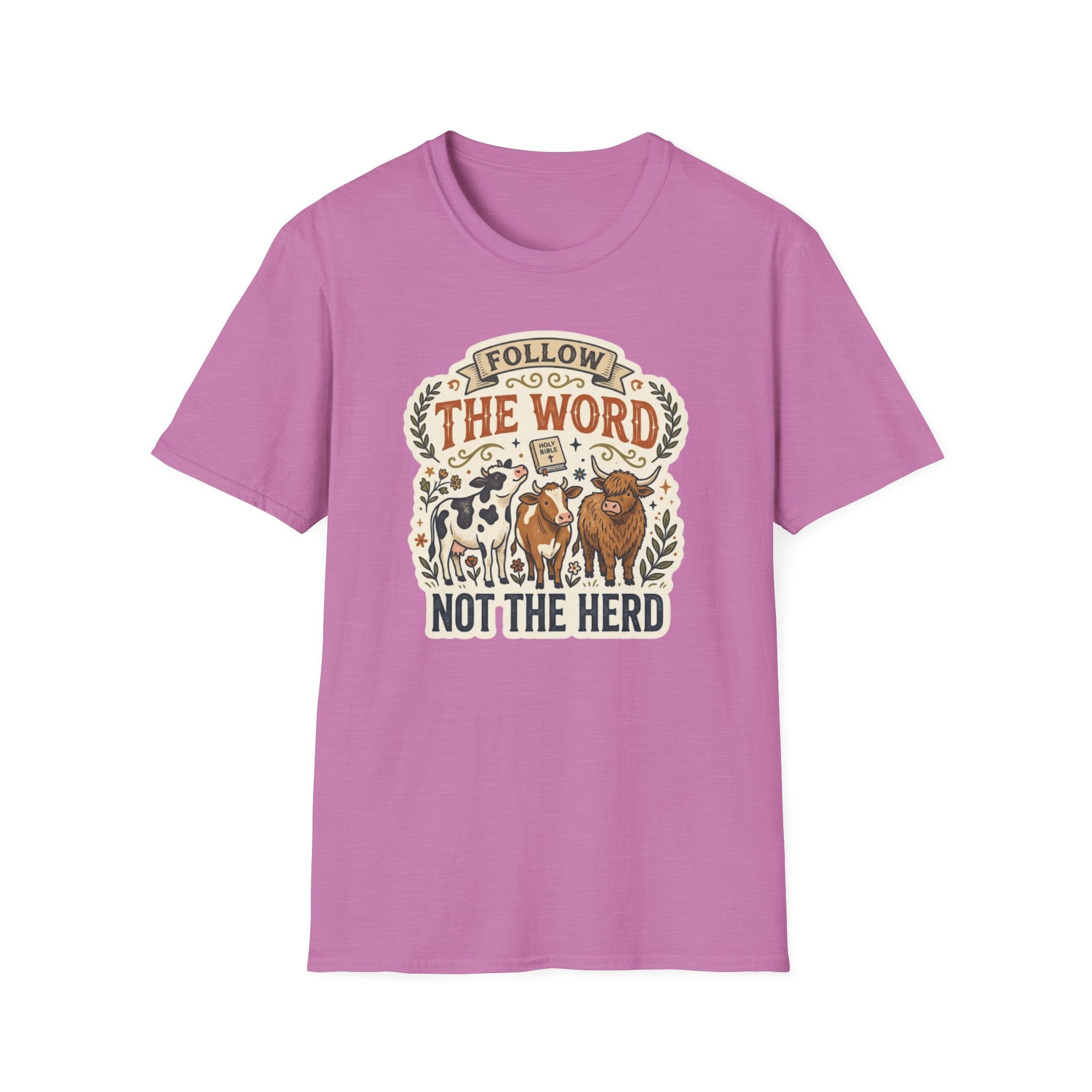 Follow the Word Not the Herd Christian Cow T-Shirt – Faith-Based Graphic Tee