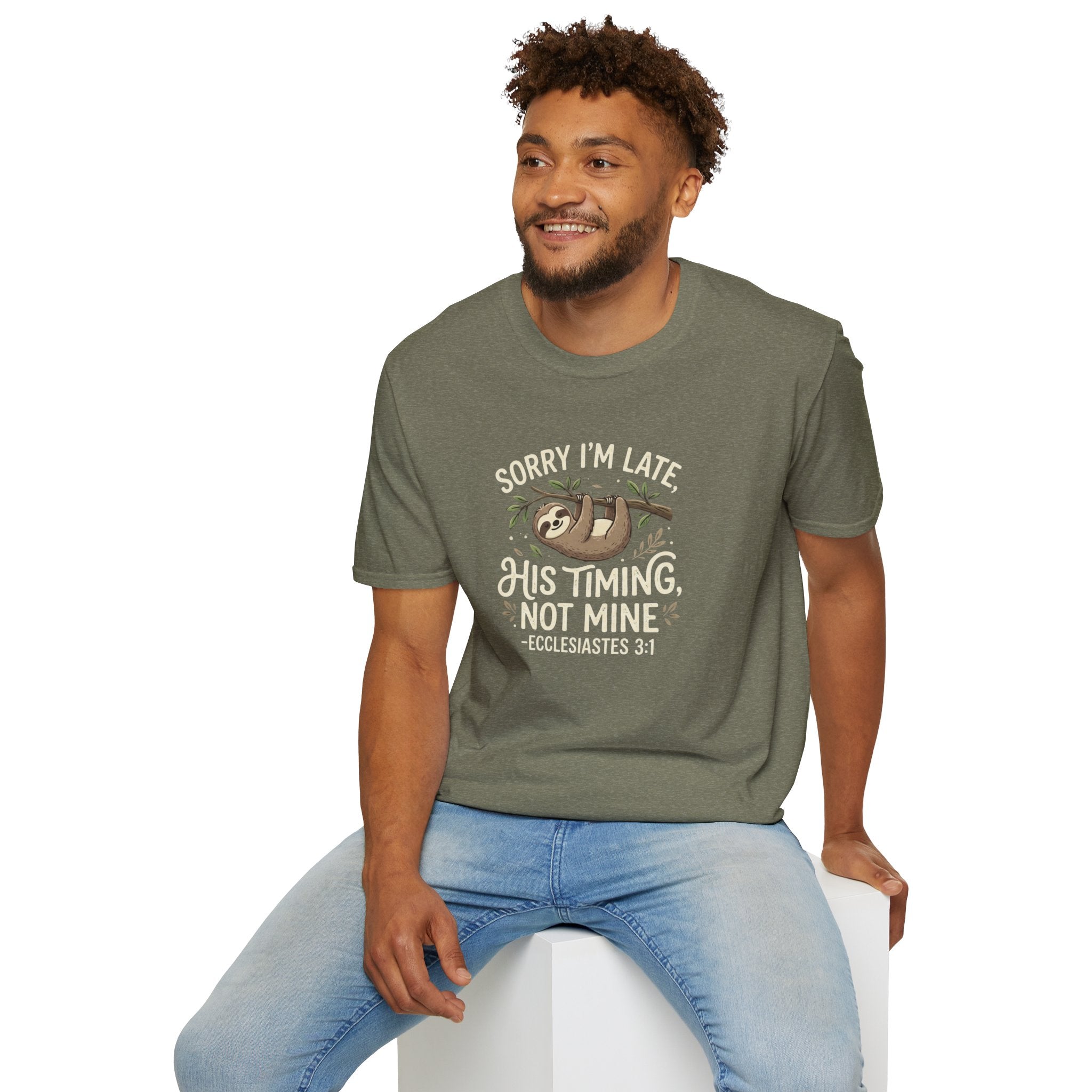 “His Timing, Not Mine” Sloth T-Shirt – Christian Faith Graphic Tee