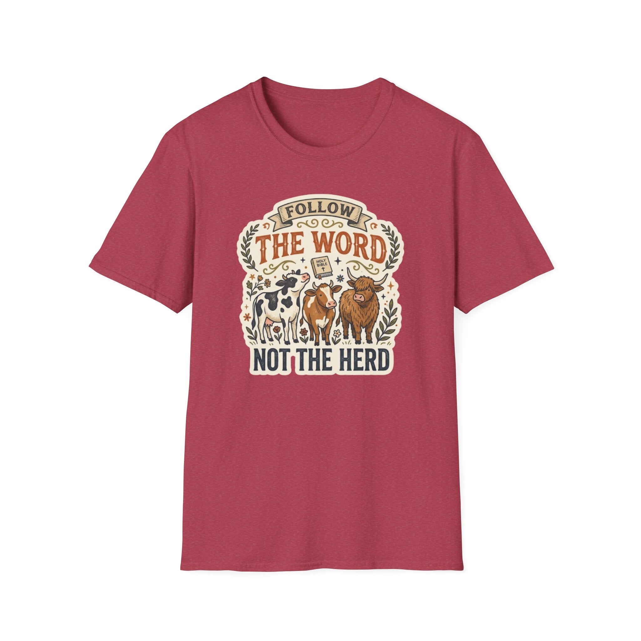 Follow the Word Not the Herd Christian Cow T-Shirt – Faith-Based Graphic Tee