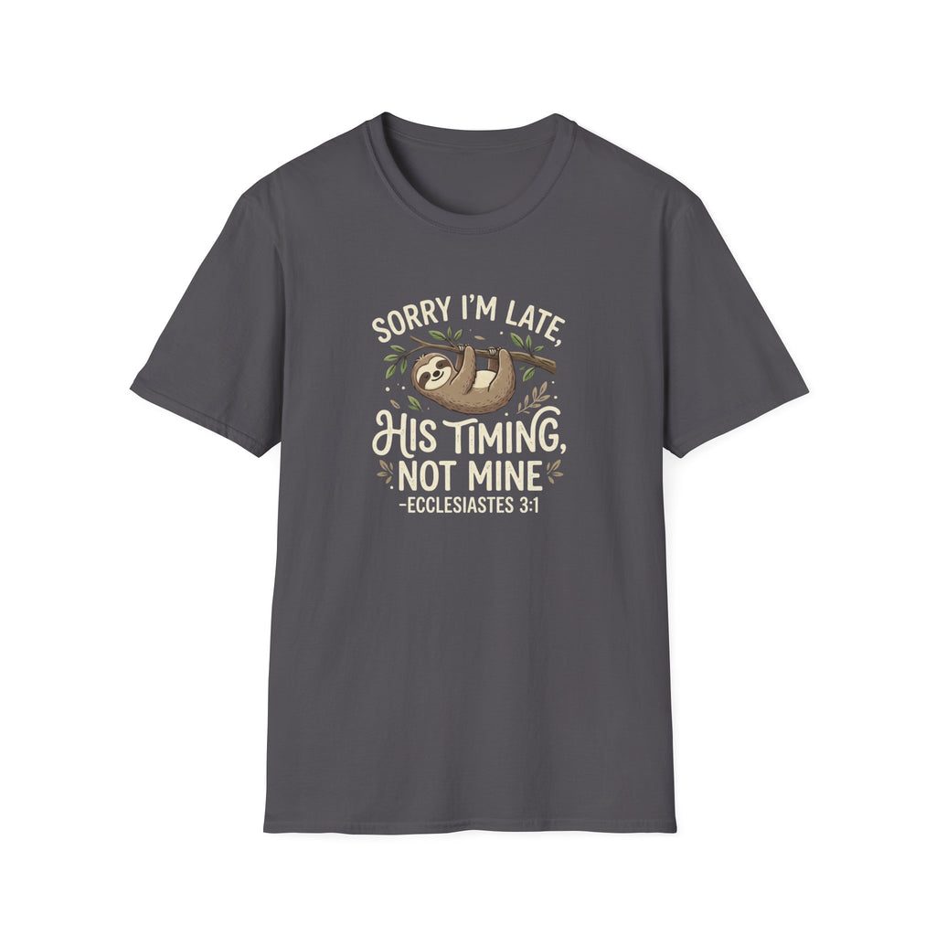 “His Timing, Not Mine” Sloth T-Shirt – Christian Faith Graphic Tee