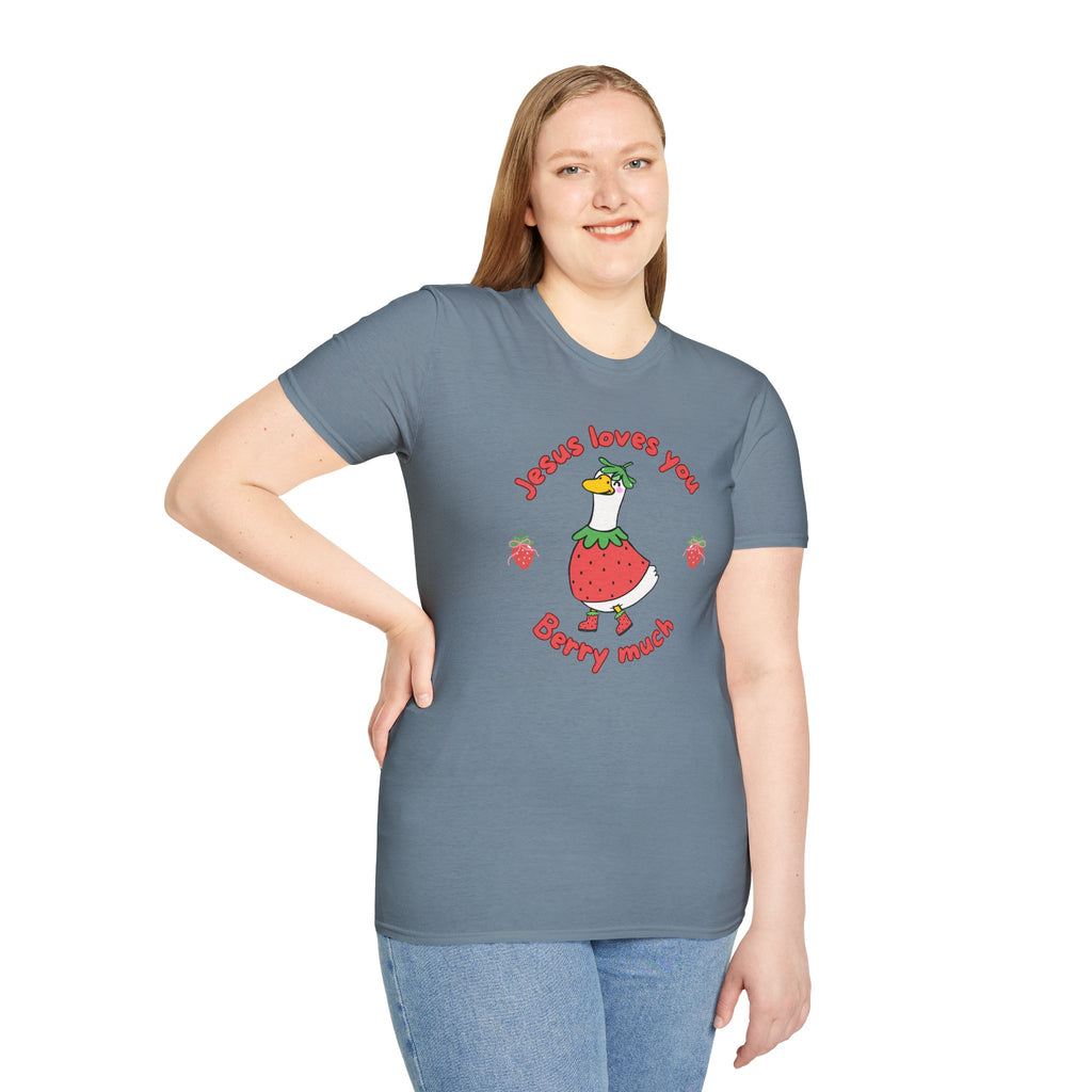 Jesus Loves You Berry Much – Silly Goose Strawberry Graphic Tee