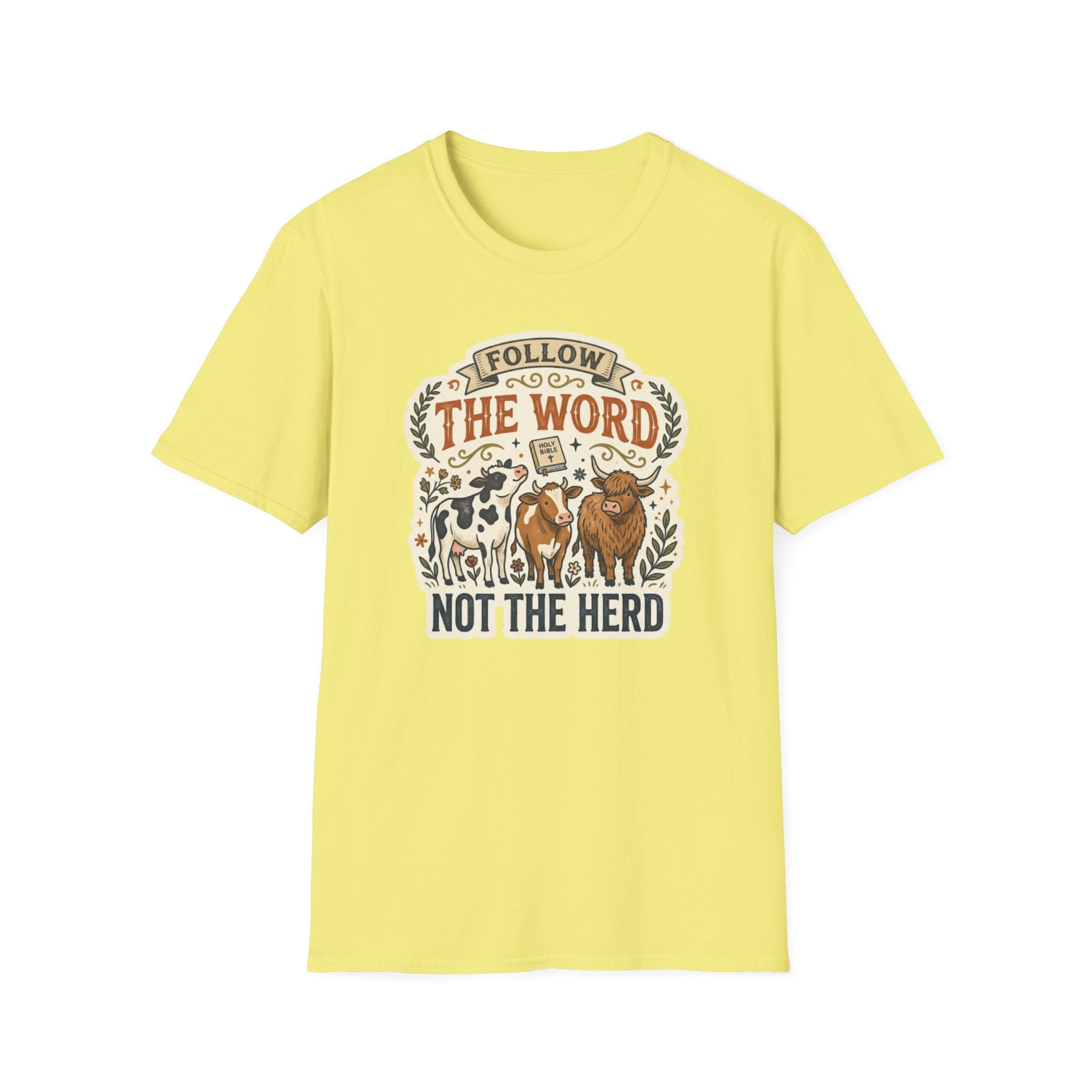 Follow the Word Not the Herd Christian Cow T-Shirt – Faith-Based Graphic Tee