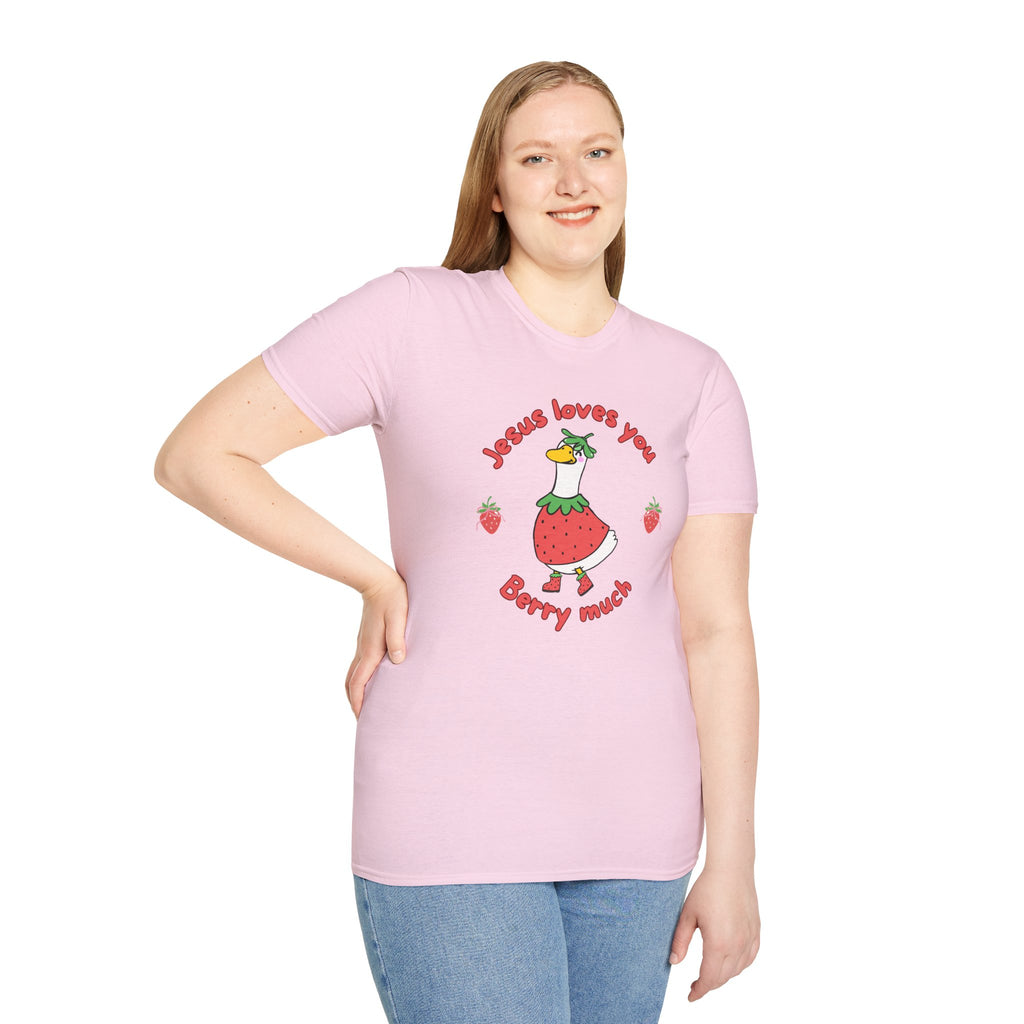 Jesus Loves You Berry Much – Silly Goose Strawberry Graphic Tee