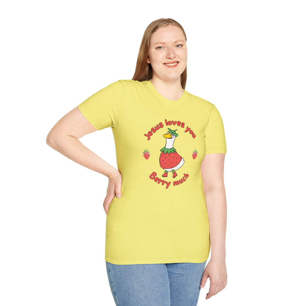 Jesus Loves You Berry Much – Silly Goose Strawberry Graphic Tee