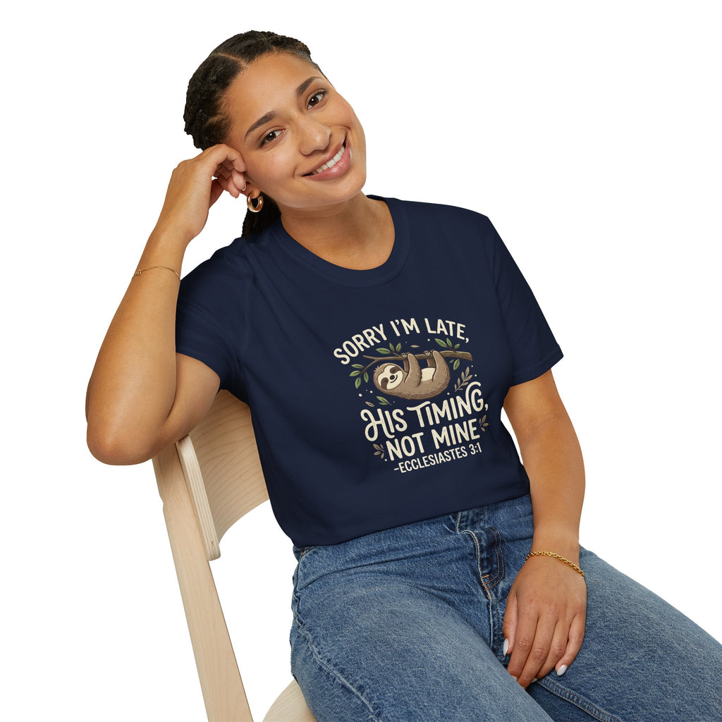 “His Timing, Not Mine” Sloth T-Shirt – Christian Faith Graphic Tee