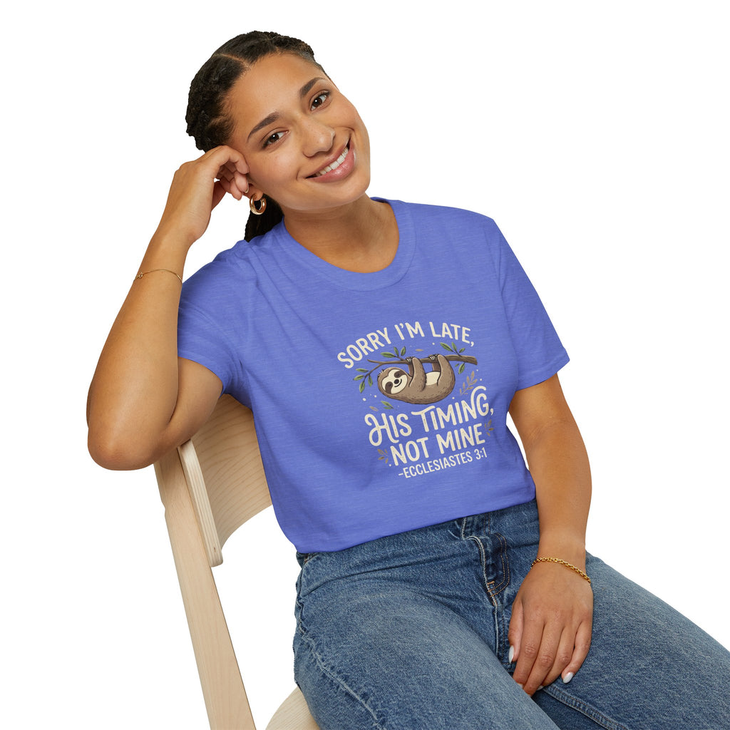 “His Timing, Not Mine” Sloth T-Shirt – Christian Faith Graphic Tee