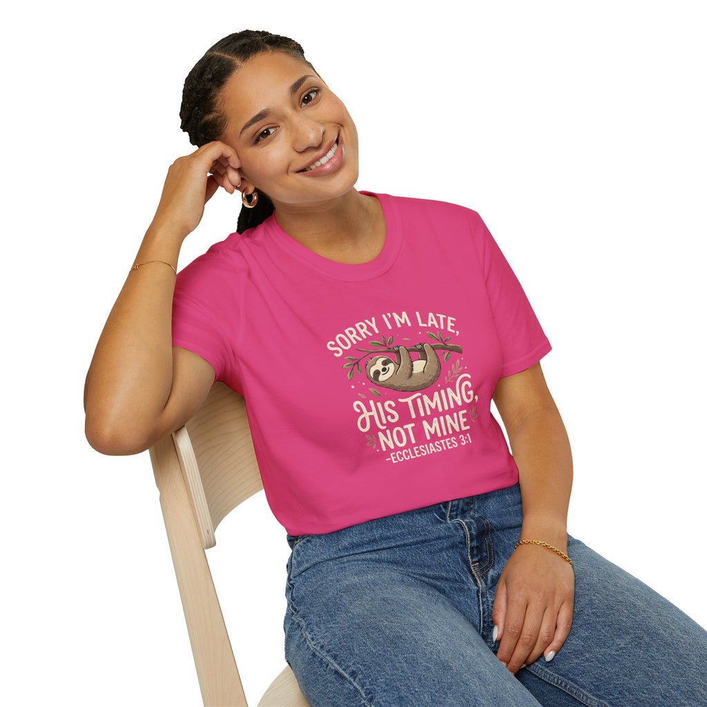 “His Timing, Not Mine” Sloth T-Shirt – Christian Faith Graphic Tee